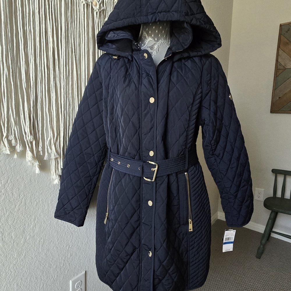 Michael Kors Blue Quilted Puffer Jacket with Hood and Belt